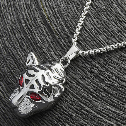 Ланцюг із кулоном тигр із кристалами сріблястого кольору Stainless Steel розмір 40х30 мм розмір ланцюга 70 см 3 мм, фото 2