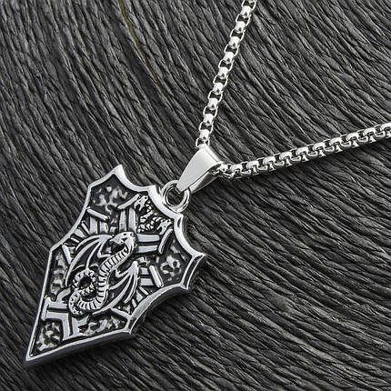 Ланцюг із кулоном щит дракон сріблястого кольору Stainless Steel розмір 45х30 мм розмір ланцюга 70 см 3 мм, фото 2