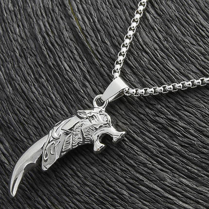 Ланцюг із кулоном вовч-велотик ікла сріблястого кольору Stainless Steel розмір 40х15 мм розмір ланцюга 70 см 3 мм, фото 1