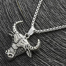 Ланцюг із кулоном бик сріблястого кольору Stainless Steel розмір 35х35 мм розмір ланцюга 70 см 3 мм, фото 3