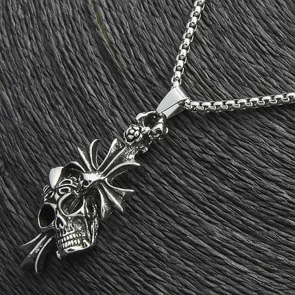 Ланцюг із кулоном хрестик із черепом сріблястого кольору Stainless Steel розмір 50х20 мм розмір ланцюга 70 см 3 мм, фото 2