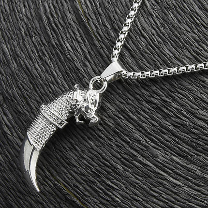 Ланцюг із кулоном тварина ікло сріблястого кольору Stainless Steel розмір 40х15 мм розмір ланцюга 70 см 3 мм, фото 1