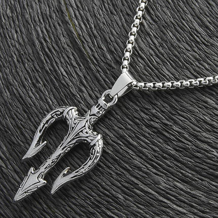 Ланцюг із кулоном морський тризуб сріблястого кольору Stainless Steel розмір 45х25 мм розмір ланцюга 70 см 3 мм, фото 1