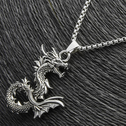 Ланцюг із кулоном вогненний дракон сріблястого кольору Stainless Steel розмір 40х30 мм розмір ланцюга 70 см 3 мм, фото 1