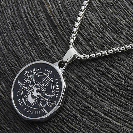 Ланцюг із кулоном пірат із написом сріблястого кольору Stainless Steel розмір 30х30 мм розмір ланцюга 70 см 3 мм, фото 1