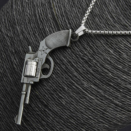 Ланцюг із кулоном револьвера сріблястого кольору Stainless Steel розмір 70х35 мм розмір ланцюга 70 см 3 мм, фото 1