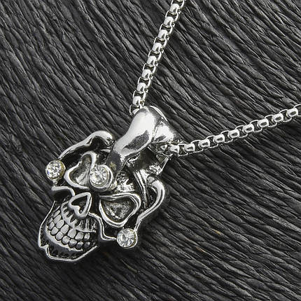Ланцюг із кулоном череп із кристалами сріблястого кольору Stainless Steel розмір 35х25 мм розмір ланцюга 70 см 3 мм, фото 1