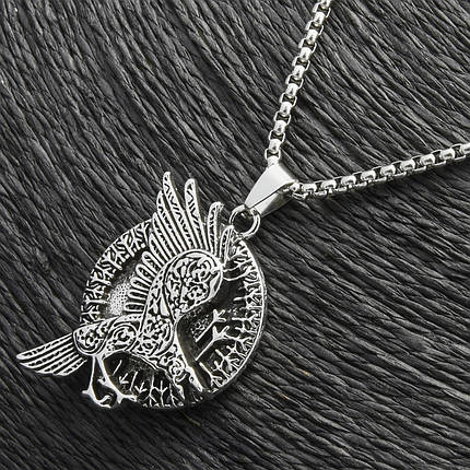 Ланцюг із кулоном ястреб з візерунками сріблястого кольору Stainless Steel розмір 40х30 мм розмір ланцюга 70 см 3 мм, фото 1