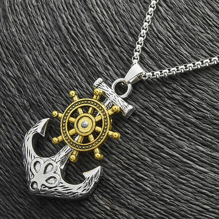 Ланцюг із кулоном якір зі штурвалом сріблястого кольору Stainless Steel розмір 55х35 мм розмір ланцюга 70 см 3 мм, фото 2