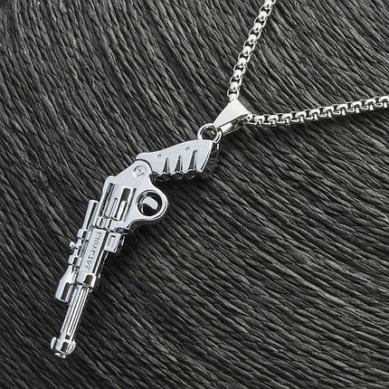 Ланцюг із кулоном револьвера сріблястого кольору Stainless Steel розмір 60х30 мм розмір ланцюга 70 см 3 мм, фото 2