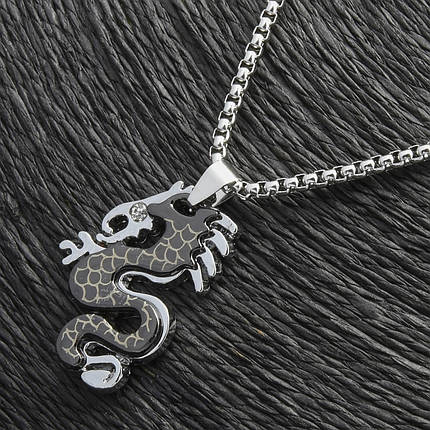 Ланцюг із кулоном дракон із кристалом сріблястого кольору Stainless Steel розмір 35х25 мм розмір ланцюга 70 см 3 мм, фото 1