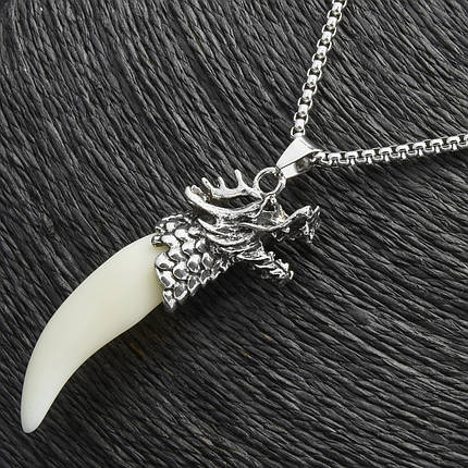 Ланцюг із кулоном дракон бежевий ікла сріблястого кольору Stainless Steel розмір 60х25 мм розмір ланцюга 70 см 3 мм, фото 2