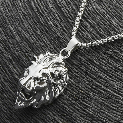 Ланцюг із кулоном гартуючий лев сріблястого кольору Stainless Steel розмір 40х25 мм розмір ланцюга 70 см 3 мм, фото 2