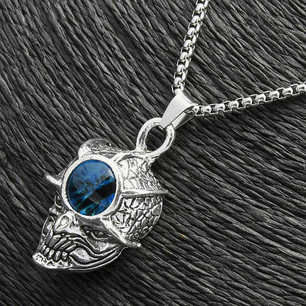 Ланцюг із кулоном синього очей сріблястого кольору Stainless Steel розмір 40х23 мм розмір ланцюга 70 см 3 мм, фото 2