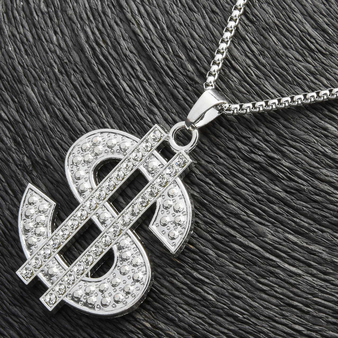 Ланцюг із кулоном долар із кристалами сріблястого кольору Stainless Steel розмір 55х40 мм розмір ланцюга 70 см 3 мм