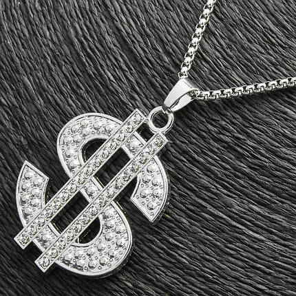 Ланцюг із кулоном долар із кристалами сріблястого кольору Stainless Steel розмір 55х40 мм розмір ланцюга 70 см 3 мм, фото 1