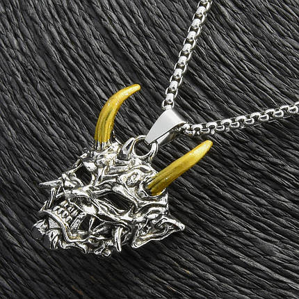 Ланцюг із кулоном демон із рогами сріблястого кольору Stainless Steel розмір 40х25 мм розмір ланцюга 70 см 3 мм, фото 2