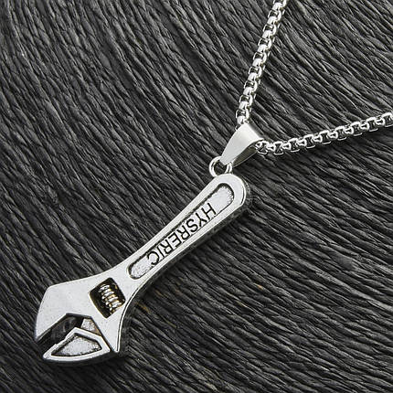 Ланцюг із кулоном гайковий ключ сріблястого кольору Stainless Steel розмір 50х17 мм розмір ланцюга 70 см 3 мм, фото 2