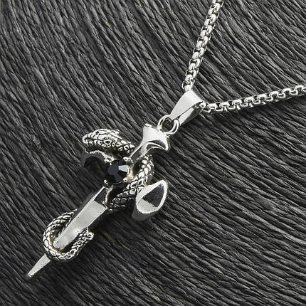 Ланцюг із кулоном кинджал із кристалом сріблястого кольору Stainless Steel розмір 53х25 мм розмір ланцюга 70 см 3 мм, фото 1