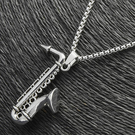 Ланцюг із кулоном саксофон сріблястого кольору Stainless Steel розмір 45х35 мм розмір ланцюга 70 см 3 мм, фото 1