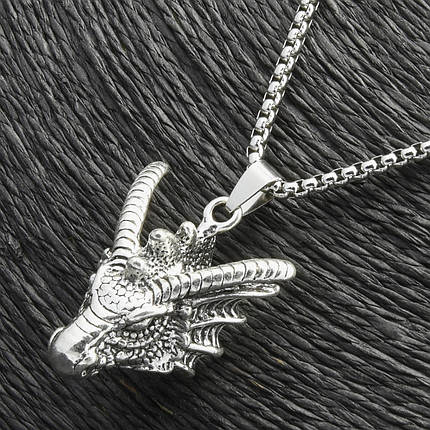 Ланцюг із кулоном вогненний дракон сріблястого кольору Stainless Steel розмір 35х30 мм розмір ланцюга 70 см 3 мм, фото 1