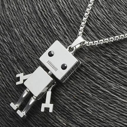 Ланцюг із кулоном робот зі стразами сріблястого кольору Stainless Steel розмір 50х20 мм розмір ланцюга 70 см 3 мм, фото 2