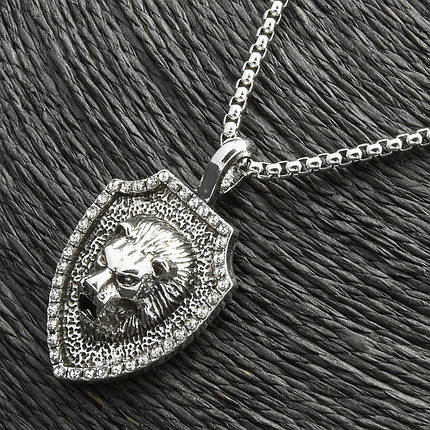 Ланцюг із кулоном лев із білими стразами сріблястого кольору Stainless Steel розмір 45х25 мм розмір ланцюга 70 см 3 мм, фото 1