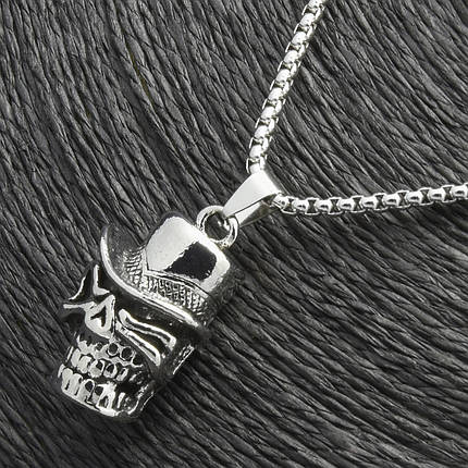 Ланцюг із кулоном череп у капелюсі сріблястого кольору Stainless Steel розмір 30х20 мм розмір ланцюга 70 см 3 мм, фото 1