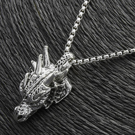 Ланцюг із кулоном вогненний дракон сріблястого кольору Stainless Steel розмір 40х20 мм розмір ланцюга 70 см 3 мм, фото 2