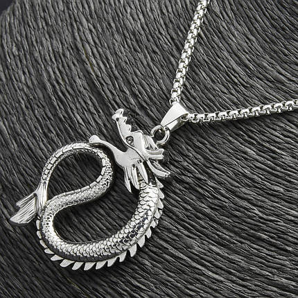 Ланцюг із кулоном вогненний дракон сріблястого кольору Stainless Steel розмір 45х40 мм розмір ланцюга 70 см 3 мм, фото 2