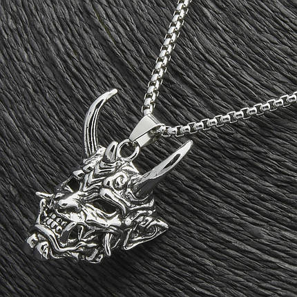 Ланцюг із кулоном демон із рогами сріблястого кольору Stainless Steel розмір 40х25 мм розмір ланцюга 70 см 3 мм, фото 2