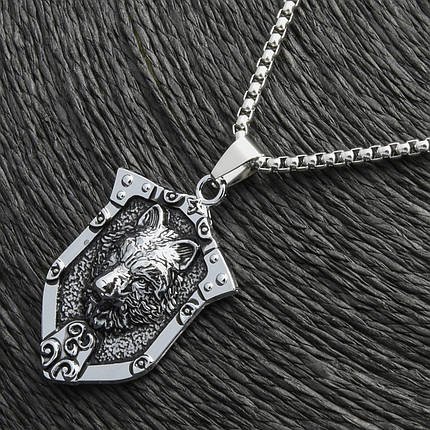 Ланцюг із кулоном вовк із візерунками сріблястого кольору Stainless Steel розмір 40х30 мм розмір ланцюга 70 см 3 мм, фото 1