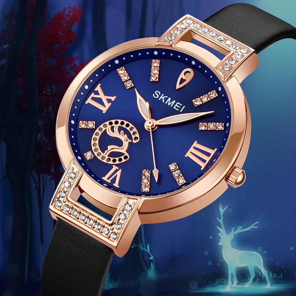 Жіночий класичний кварцовий годинник Skmei 1977BUBK Blue-Black з чорним шкіряним ремінцем