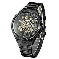 Часы мужские механические наручные Winner Skeleton с автоподзаводом Черные с золотом ( код: IBW903BY )