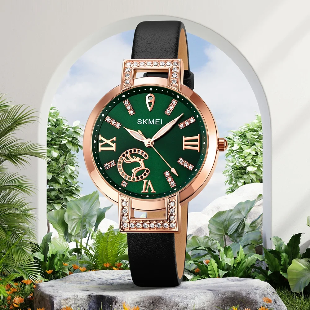 Жіночий класичний кварцовий годинник  Skmei 1977GNBK Green-Black з чорним шкіряним ремінцем
