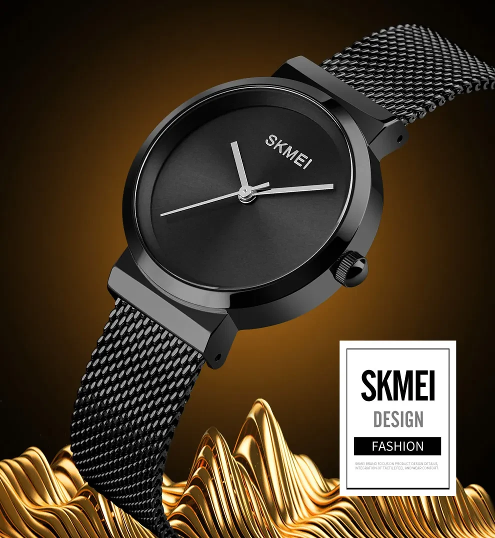 Жіночий класичний наручний годинник Skmei 1595BK Black чорний з металевим браслетом