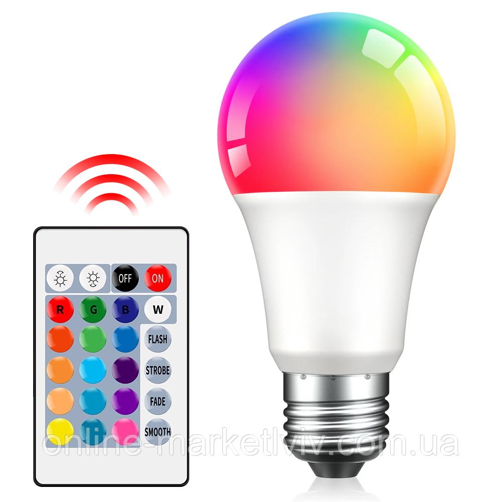 Світлодіодна RGB лампа в патрон E27 + пульт / LED лампочка / Розумна лампа світлодіодна / Лед лампа, фото 1
