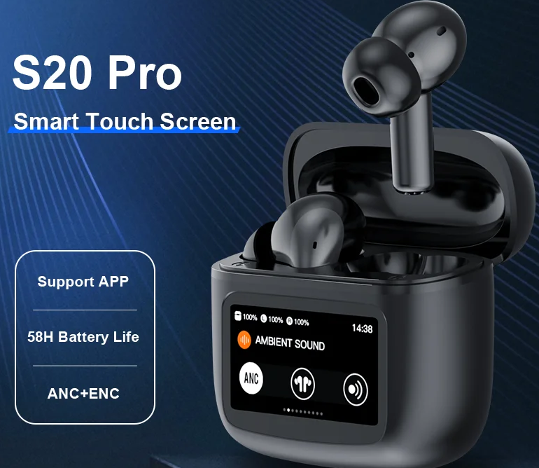 Beatfade S20 Pro Безпровідні навушники з інтелектуальним дисплеєм на кейсі |ANC+ENC| Чорний