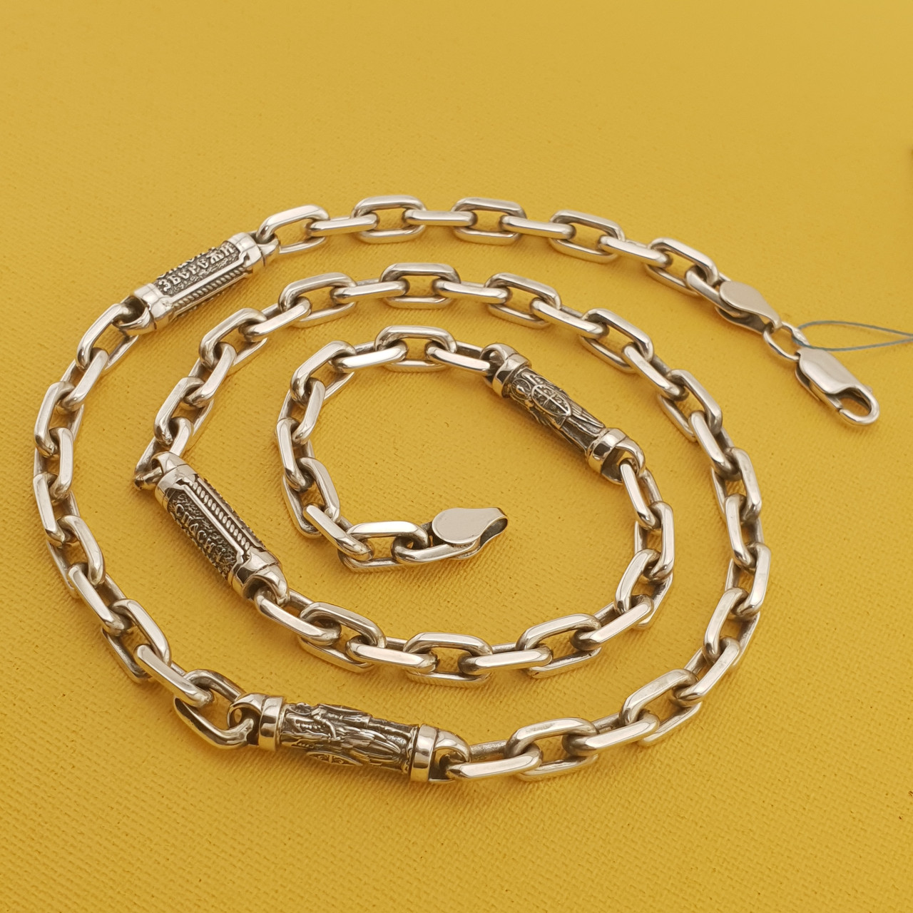 Срібна цепочка чоловіча товста зі вставками Архангел Михаїл і Спаси і Збережи освячена. Якірний ланцюг 60 см, фото 1