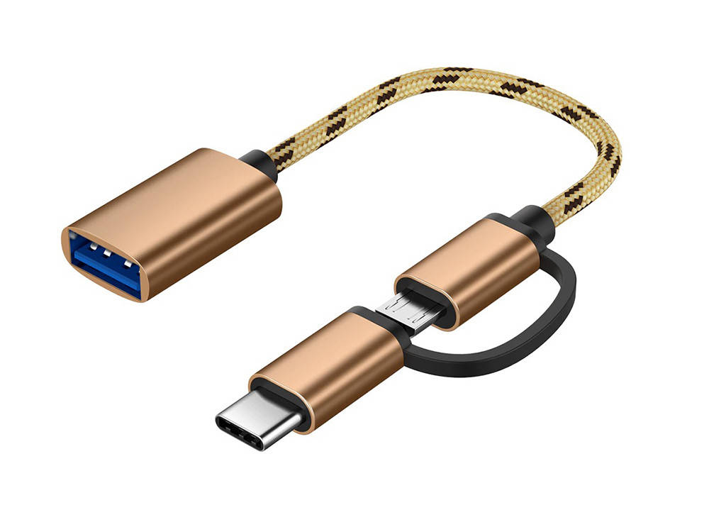 

Адаптер OTG Robotsky 2 в 1 USB 3.0 Micro USB и USB TypeC с кабелем Золотой
