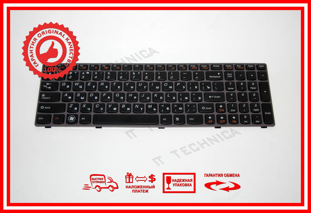 

Клавіатура Lenovo IdeaPad G580, G585, N580, N585, Z580, Z585 чорна с пурпурной рамкой RUUS, Черный