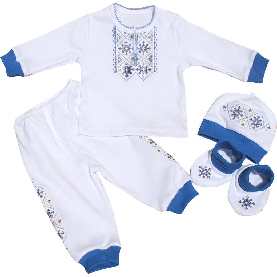 

Крестильный набор вышиванка для мальчика с синим узором (рубашка, штаны, шапка, пинетки), Ладан 22