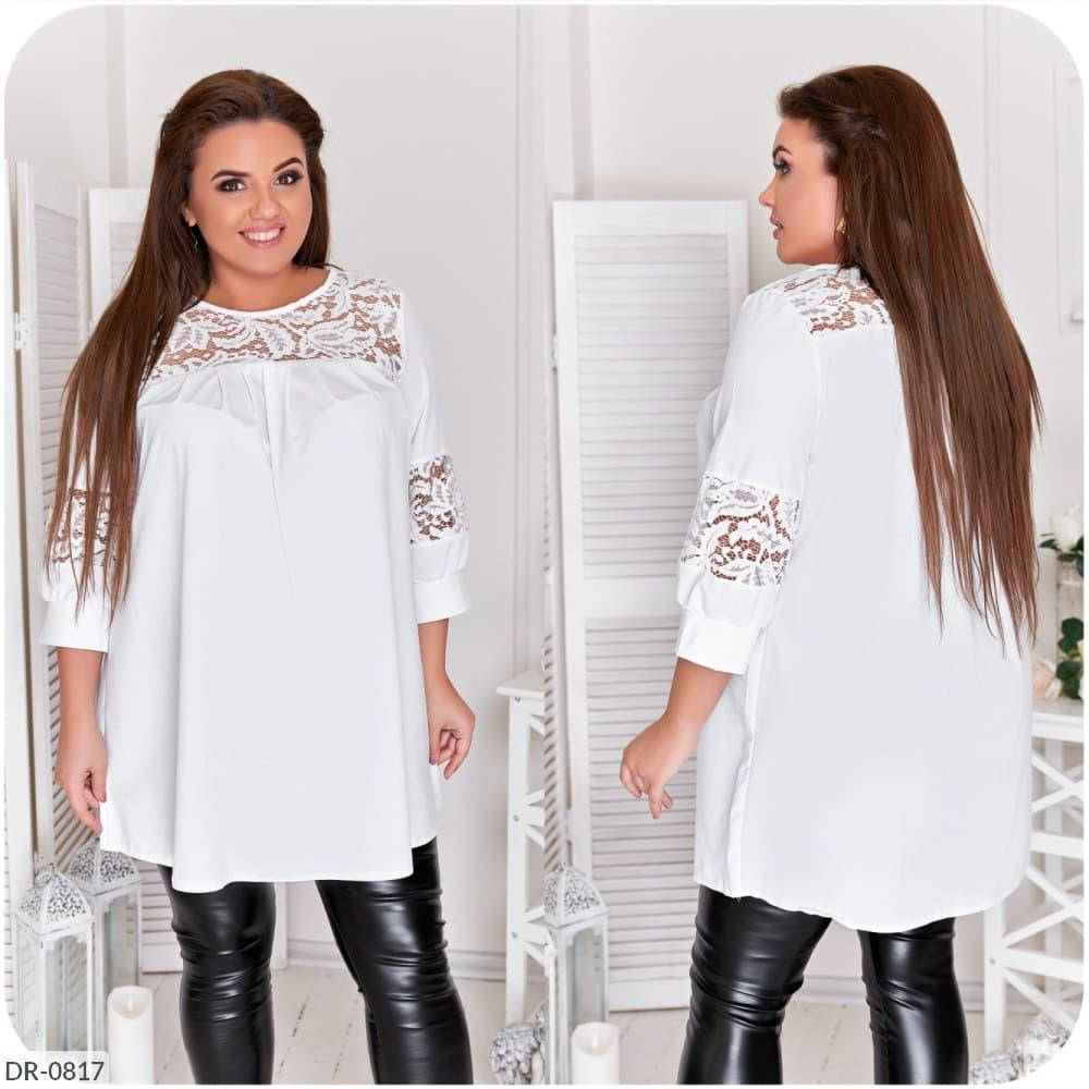 

Нарядная удлинённая женская туника свободного кроя с гипюром, батал