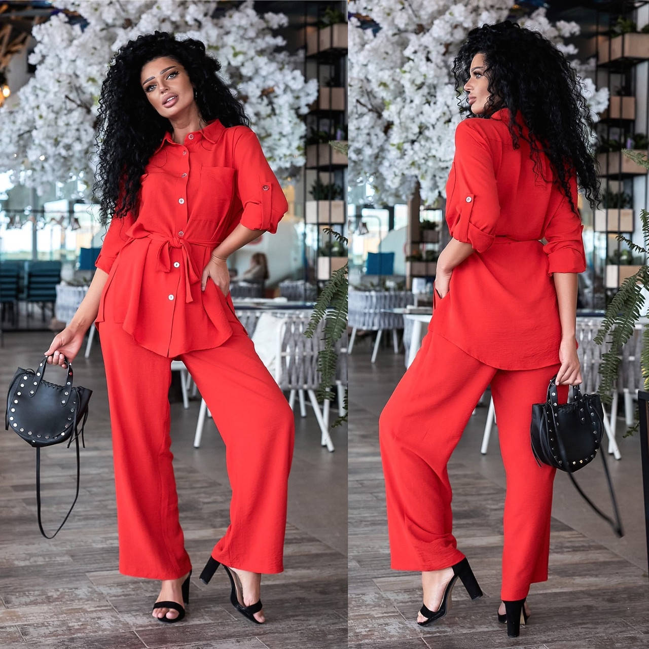 

Красный летний брючный костюм их жатого крепа 15-782-1