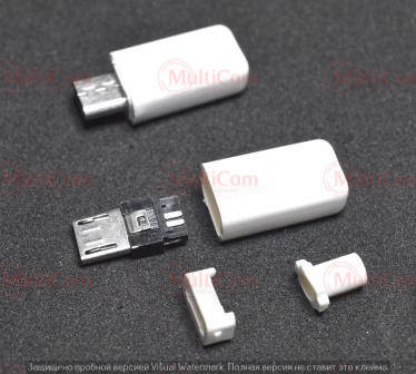 

01-08-071W. Штекер micro USB 5pin под кабель, корпус бакелит, белый