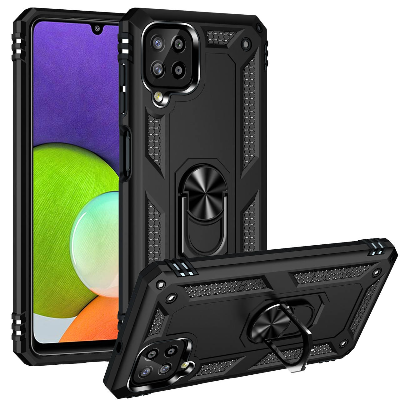 

Противоударный чехол для Samsung Galaxy A22 черный матовый бампер с кольцом подставкой