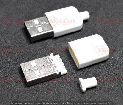 

01-08-003W. Штекер USB тип A под шнур, разборной, корпус бакелит, белый