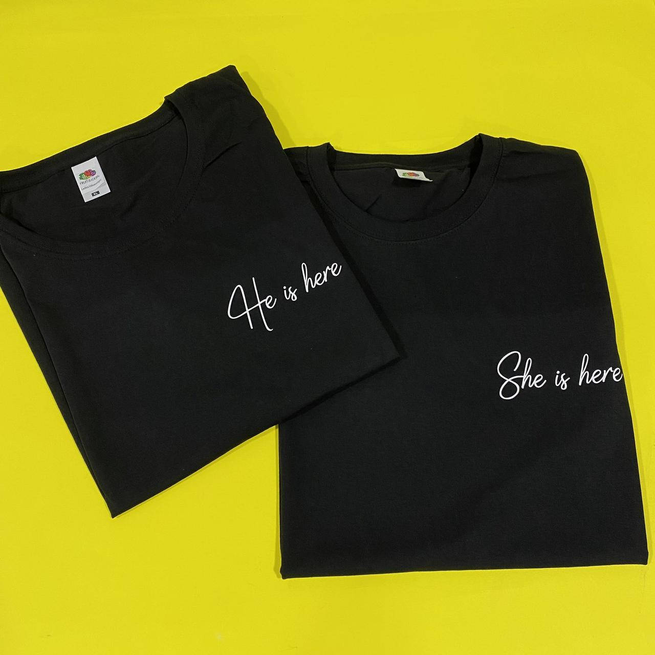 

Парные футболки. Футболки для влюбленных. He/she is here