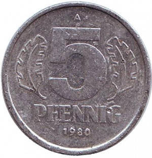 

Монета 5 пфеннигов. 1948-89 год (A), ГДР. (Г)