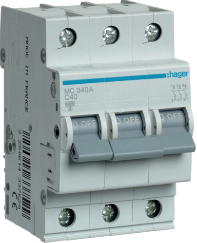 

Вимикач автоматичний 3-полюсний Hager 6kA MC340A C 40A